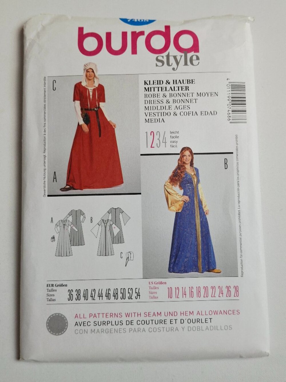 Burda 7468 Sz 10-28 Medieval Dress Bonnet Costume Pattern Uncut For Sewing